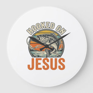 An Jesus mit Vintage Bassfischen glauben Große Wanduhr