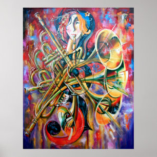 An oil painting on canvas. Music, the girl plays m Poster