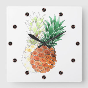 Ananas, Aquarell. Quadratische Wanduhr