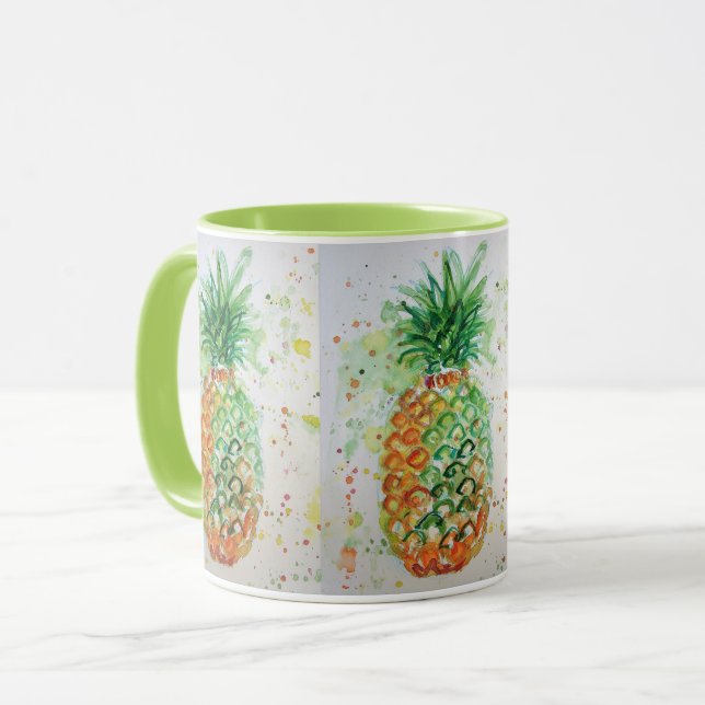 Ananas Aquarellmalerei Tasse Grün (Vorderseite Links)