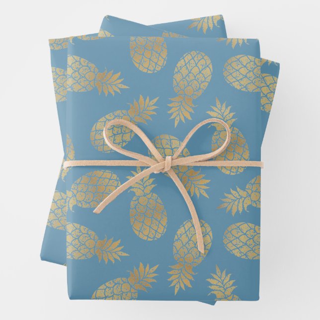 Ananas aus Gold auf Blue Geschenkpapier Set (Beispiel)