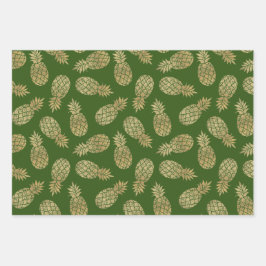 Ananas aus Gold auf Grün Geschenkpapier Set