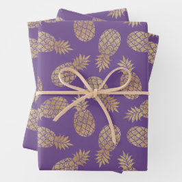 Ananas aus Gold auf Lila Geschenkpapier Set