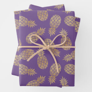 Ananas aus Gold auf Lila Geschenkpapier Set
