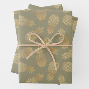 Ananas aus Gold auf Oliven Green Geschenkpapier Set