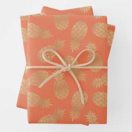 Ananas aus Gold auf Peach Geschenkpapier Set