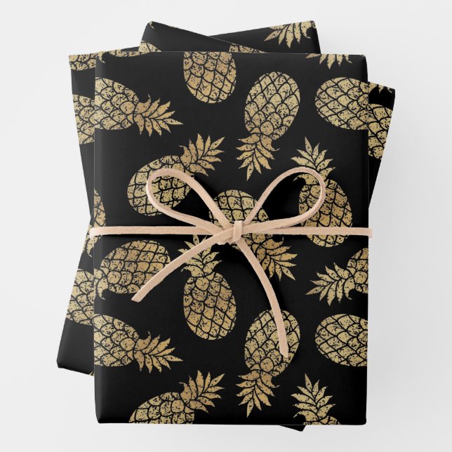 Ananas aus Gold auf Schwarz Geschenkpapier Set (Beispiel)