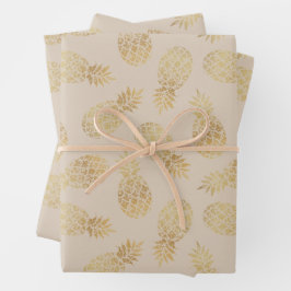 Ananas aus Gold auf Taupe Geschenkpapier Set