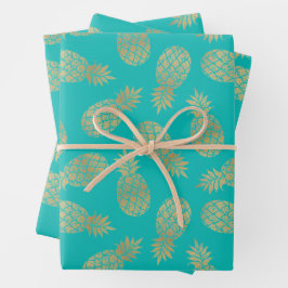 Ananas aus Gold auf Türkis Geschenkpapier Set