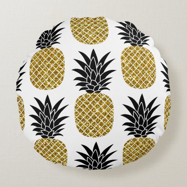 Ananas aus Gold: Von Hand Gezeichnet Weiß nahtlos. Rundes Kissen (Vorderseite)