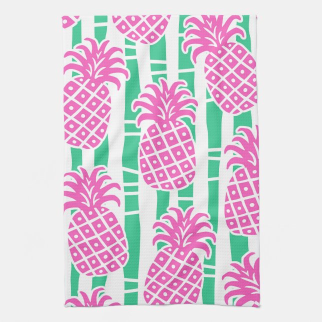 Ananas Bambus Streifen Pink & Green Muster Geschirrtuch (Vertikal)