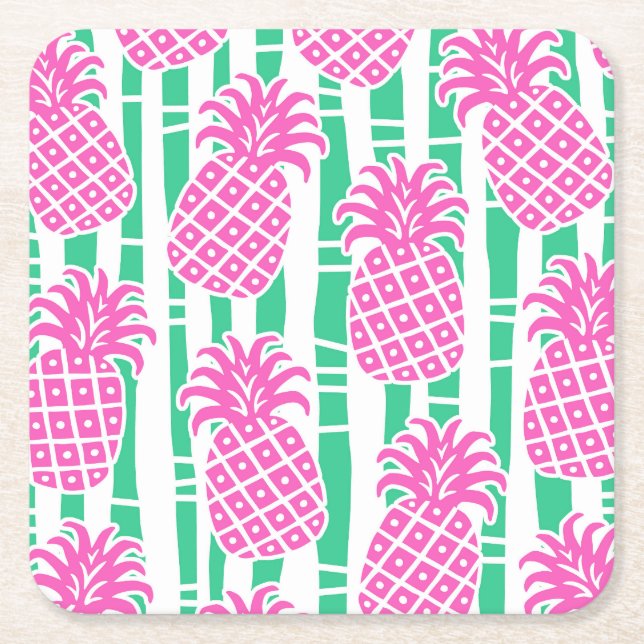 Ananas Bambus Streifen Pink & Green Muster Rechteckiger Pappuntersetzer (Vorderseite)