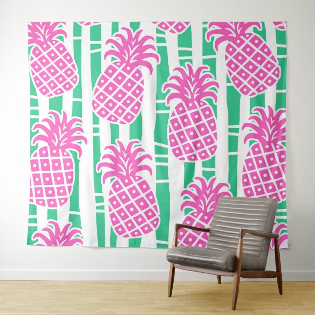 Ananas Bambus Streifen Pink & Green Muster Wandteppich (Beispiel (Horizontal))