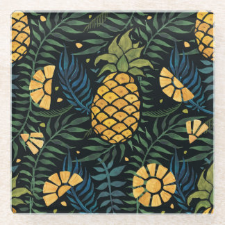 Ananas, Blätter aus Palmen: tropisches Muster. Glasuntersetzer