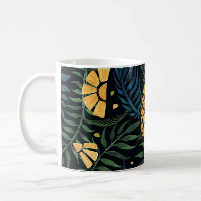 Ananas, Blätter aus Palmen: tropisches Muster. Kaffeetasse (Links)