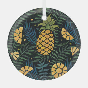 Ananas, Blätter aus Palmen: tropisches Muster. Ornament Aus Glas