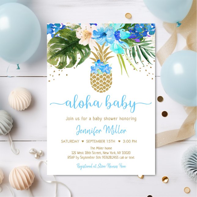 Ananas Blue Gold Floral Aloha Baby Dusche Einladung (Von Creator hochgeladen)