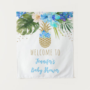 Ananas Blue Gold Floral Baby Dusche Hintergrund Wandteppich