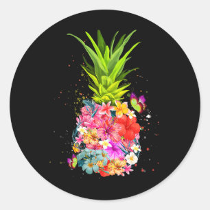 Ananas Blumen Shirt Frauen Aloha Hawaii Vintage Runder Aufkleber