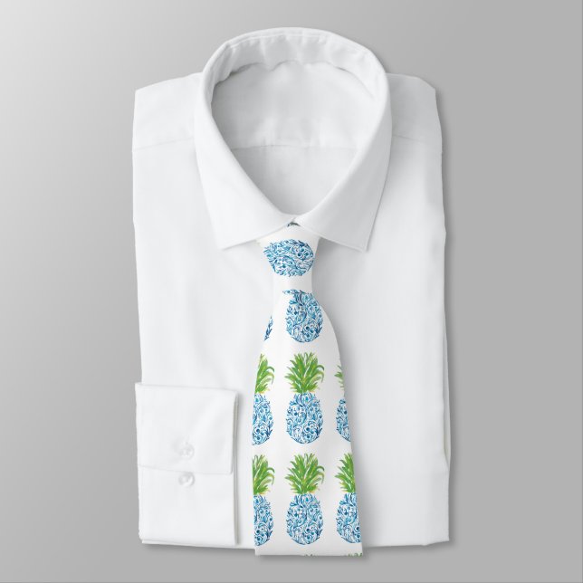 Ananas Chinoiserie Blau Weiße Preppy Krawatte (Gebunden)