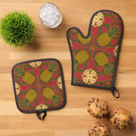 Ananas-Design auf rotem Hintergrund Ofenhandschuh & Topflappen-Set