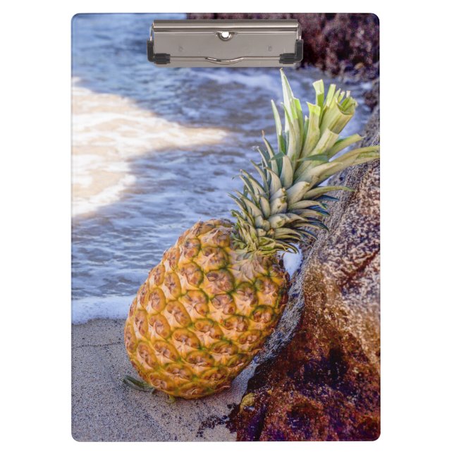 Ananas, die sich am Strand auf Felsen lehnen Klemmbrett (Vorderseite)