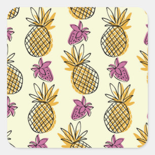 Ananas, Erdbeere Vintages Textildesign. Quadratischer Aufkleber