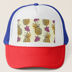 Ananas, Erdbeere Vintages Textildesign. Truckerkappe