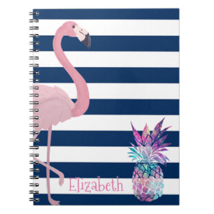 Ananas, Flamingo Navy Blaue Streifen Personalisier Notizblock