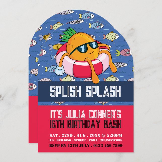Ananas Float, Cartoon Fish Pool Party Geburtstag Einladung (Vorne/Hinten)