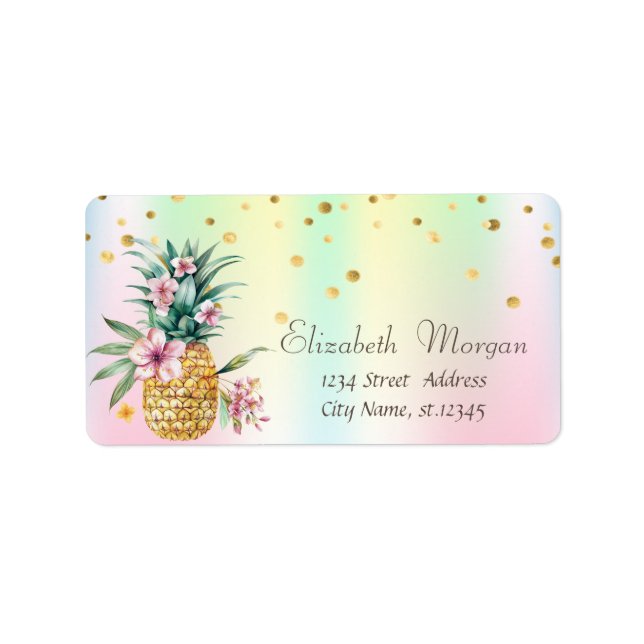 Ananas floral Confetti Holographic Iridescent Adressaufkleber (Vorne)