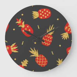 Ananas, Glitzer, schwarzer Hintergrund. Große Wanduhr