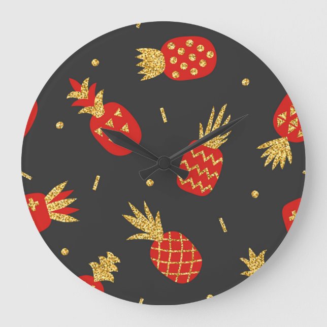 Ananas, Glitzer, schwarzer Hintergrund. Große Wanduhr (Vorderseite)