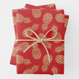 Ananas, Gold, auf roten Papierblättern Geschenkpapier Set