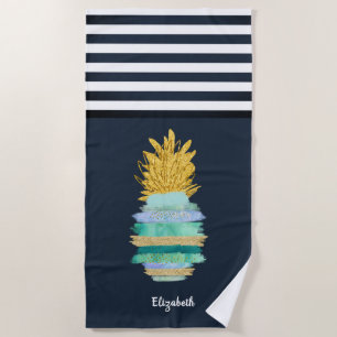 Ananas Grün Glitter Marineblau Gestreift Strandtuch