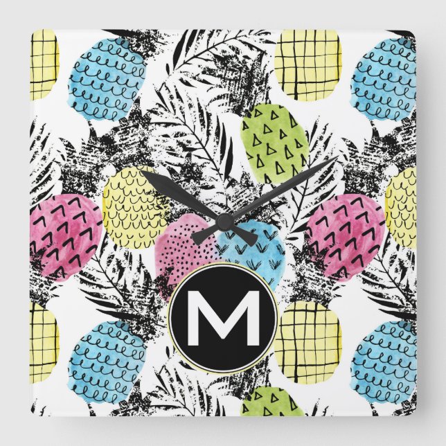 Ananas Grunge Palms | Monogramm Quadratische Wanduhr (Vorderseite)