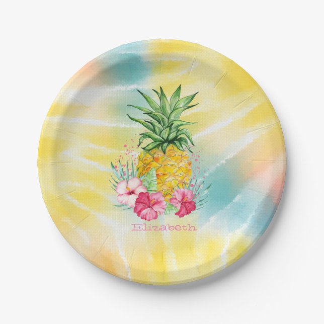 Ananas, Hibiskus Aquarellfarben Gefärbte Krawatte Pappteller (Vorderseite)