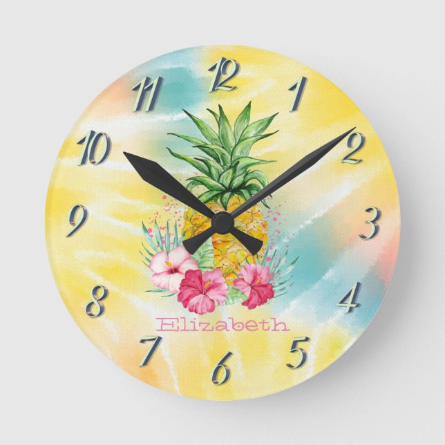 Ananas, Hibiskus Aquarellfarben Gefärbte Krawatte Runde Wanduhr (Vorderseite)
