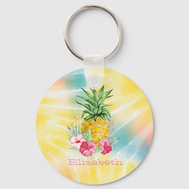 Ananas, Hibiskus Aquarellfarben Gefärbte Krawatte Schlüsselanhänger (Vorderseite)
