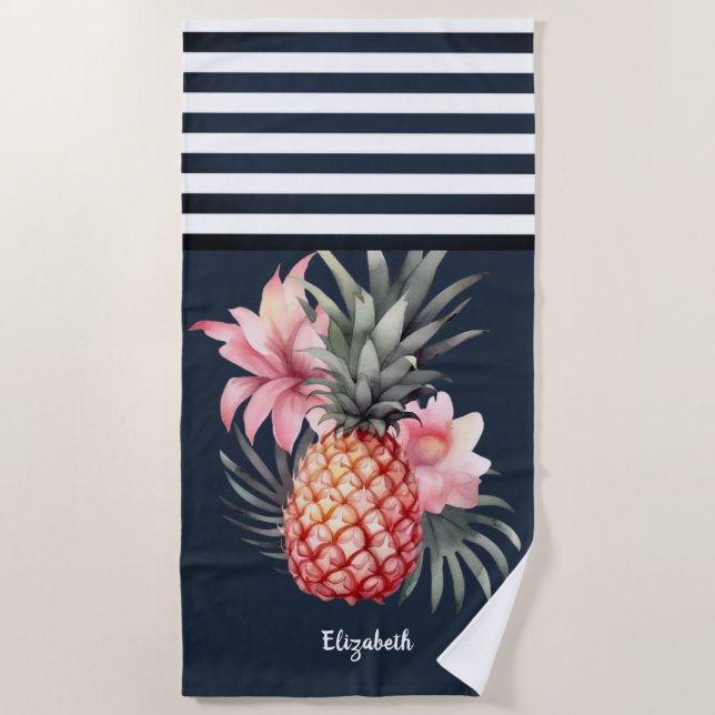 Ananas Hibiskus Nautical Navy Blau Streifen Strandtuch (Vorderseite)