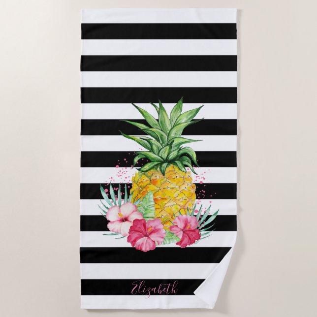 Ananas, Hibiskus, Schwarz-weiß Streifen Strandtuch (Vorderseite)