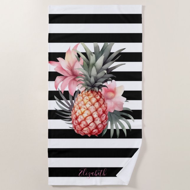 Ananas-Hibiskus, Schwarz-weiße Streifen Strandtuch (Vorderseite)