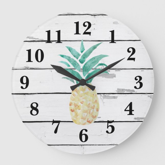 Ananas Illustration Decor Rustic Shiplap Große Wanduhr (Vorderseite)