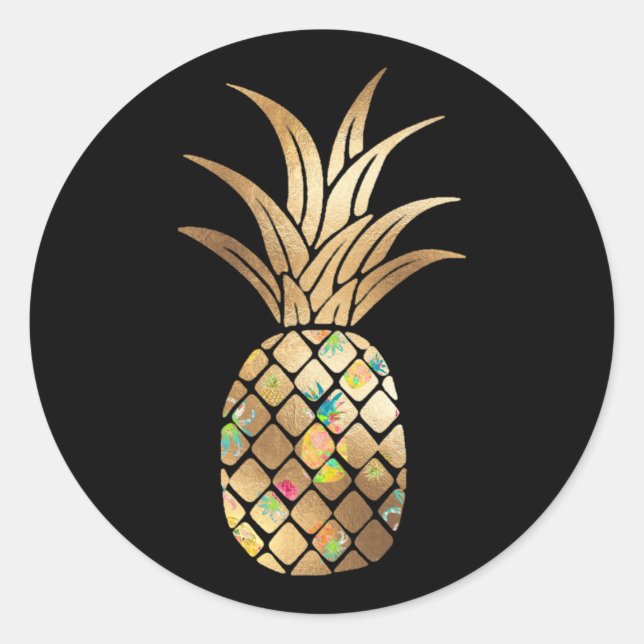 Ananas, Imitate Gold+Collage Runder Aufkleber (Vorderseite)