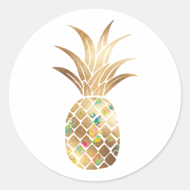 Ananas, Imitate Gold+Collage Runder Aufkleber (Vorderseite)