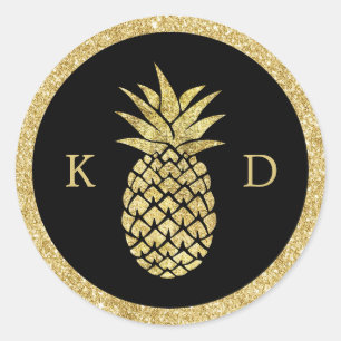 Ananas Initials Tropical Wedding Gold Glitzer Runder Aufkleber