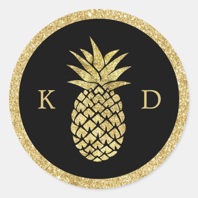Ananas Initials Tropical Wedding Gold Glitzer Runder Aufkleber (Vorderseite)