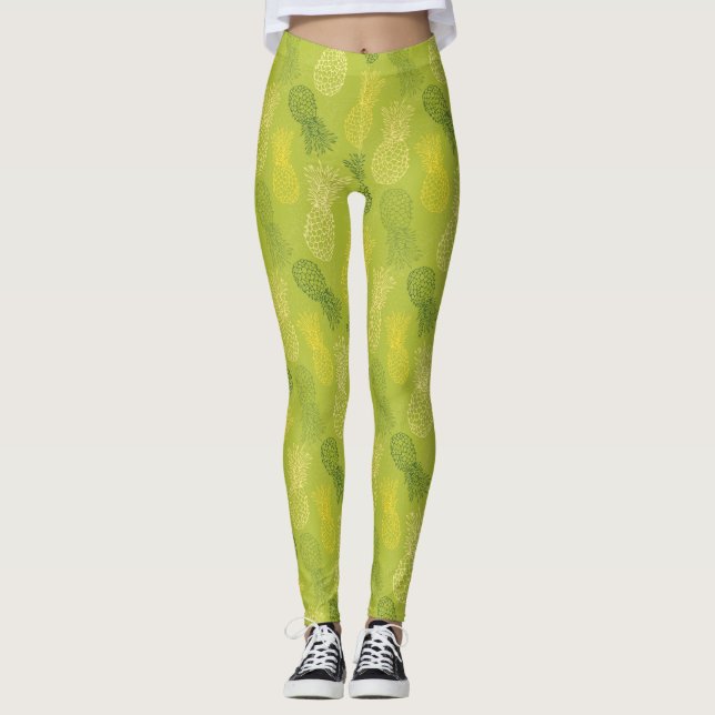 Ananas-Kontur-Muster auf Grün Leggings (Vorderseite)