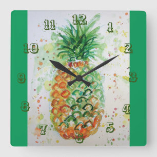 Ananas Limon Tropical Fruit Watercolor Museo Canto Quadratische Wanduhr