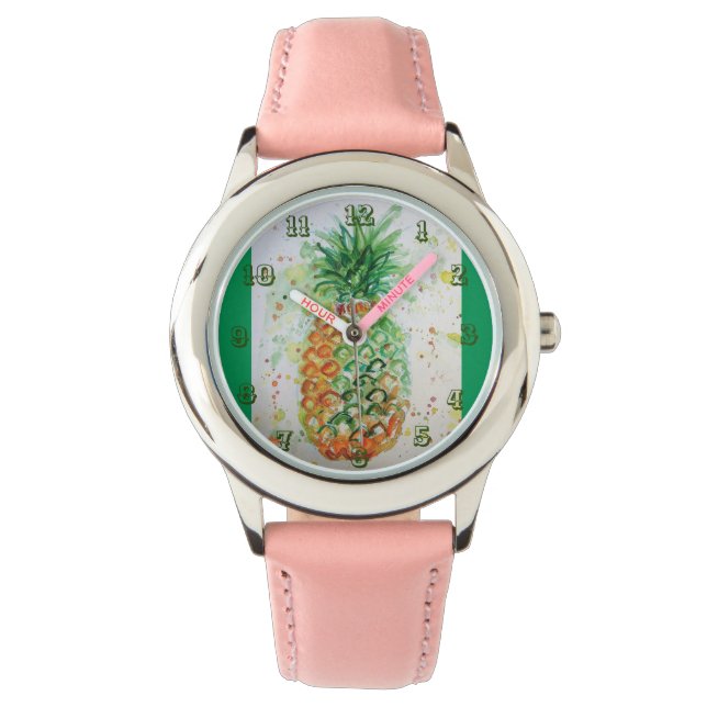 Ananas Limon tropische Früchte Wasserfarbe Grün Armbanduhr (Vorderseite)